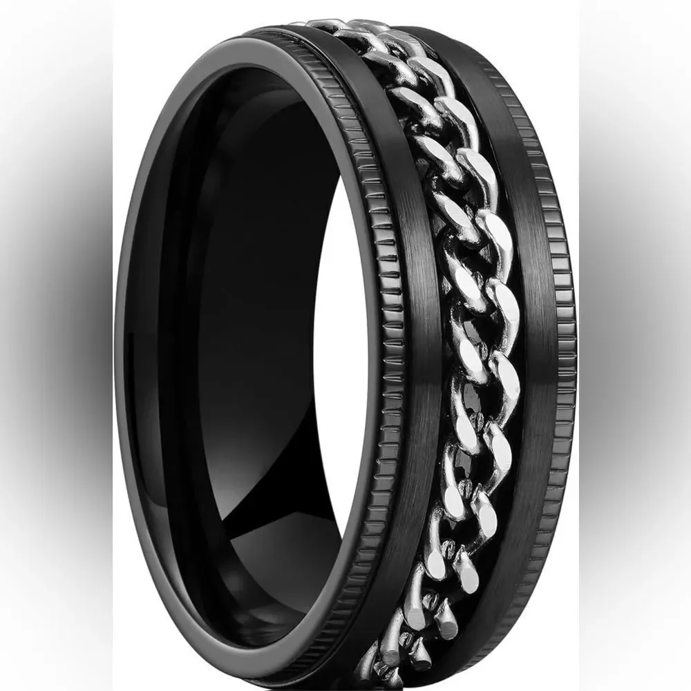 Men's Black and Silver Chain Ring